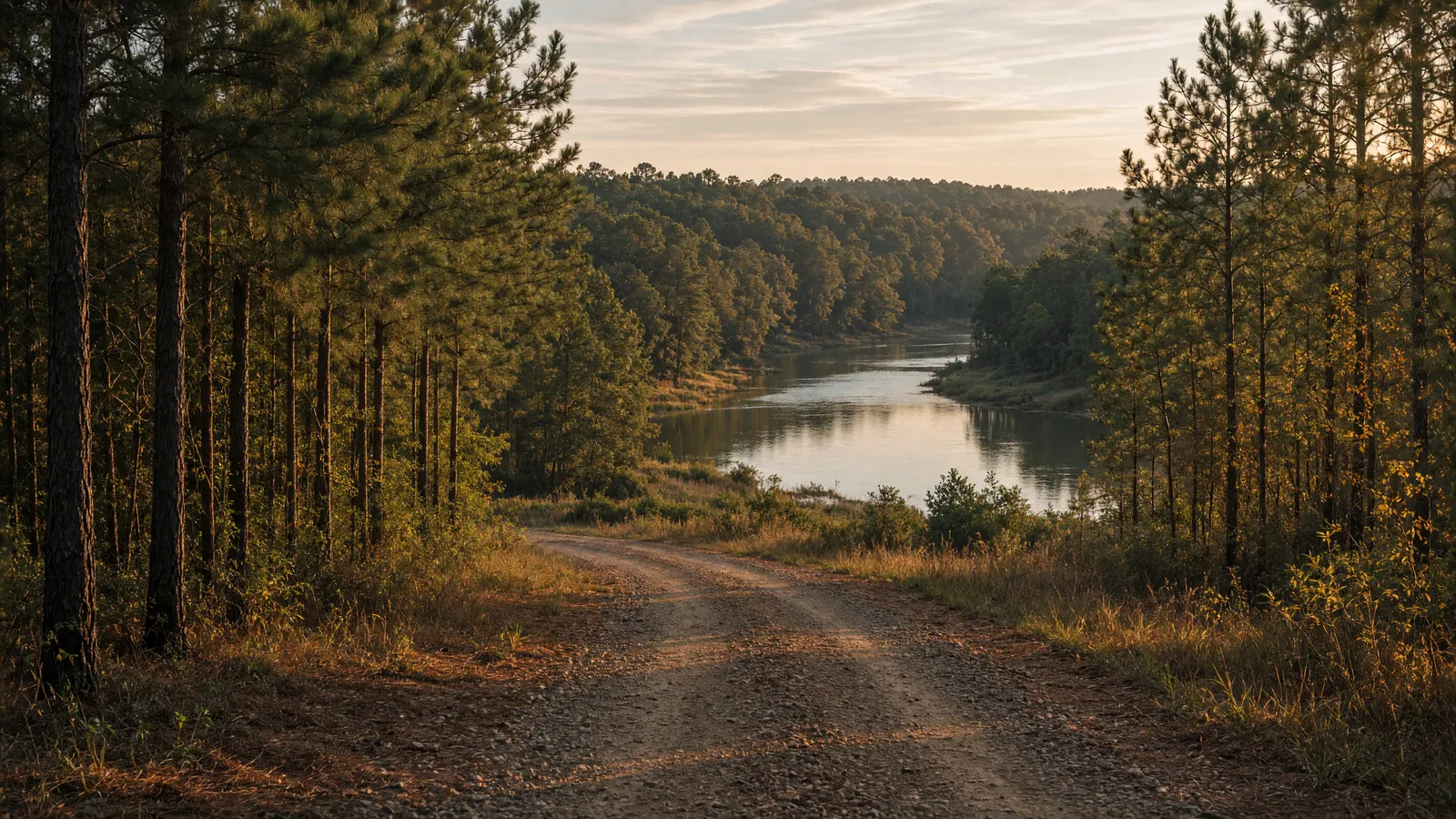 Empty Saline River valley packed farm road through pines, Saline County, Arkansas