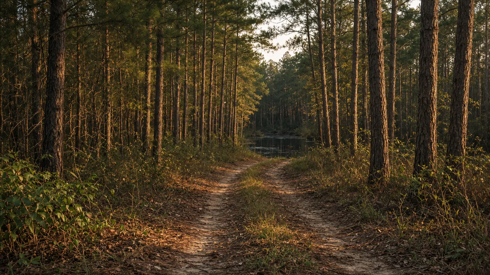 Empty South Arkansas pine-timber packed two-track toward a blackwater creek, Union County, Arkansas