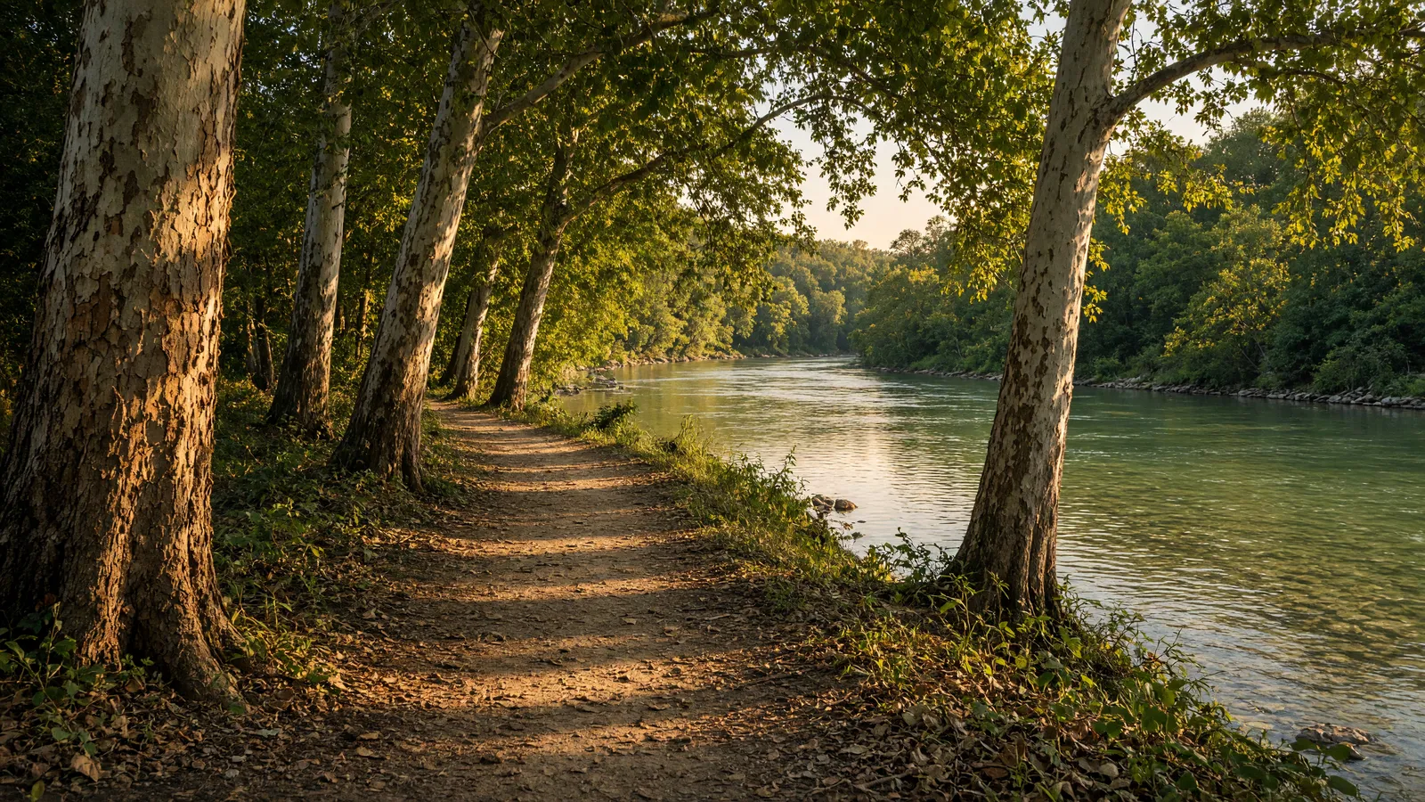Empty Little Red River tailwater packed path through sycamores, White County, Arkansas