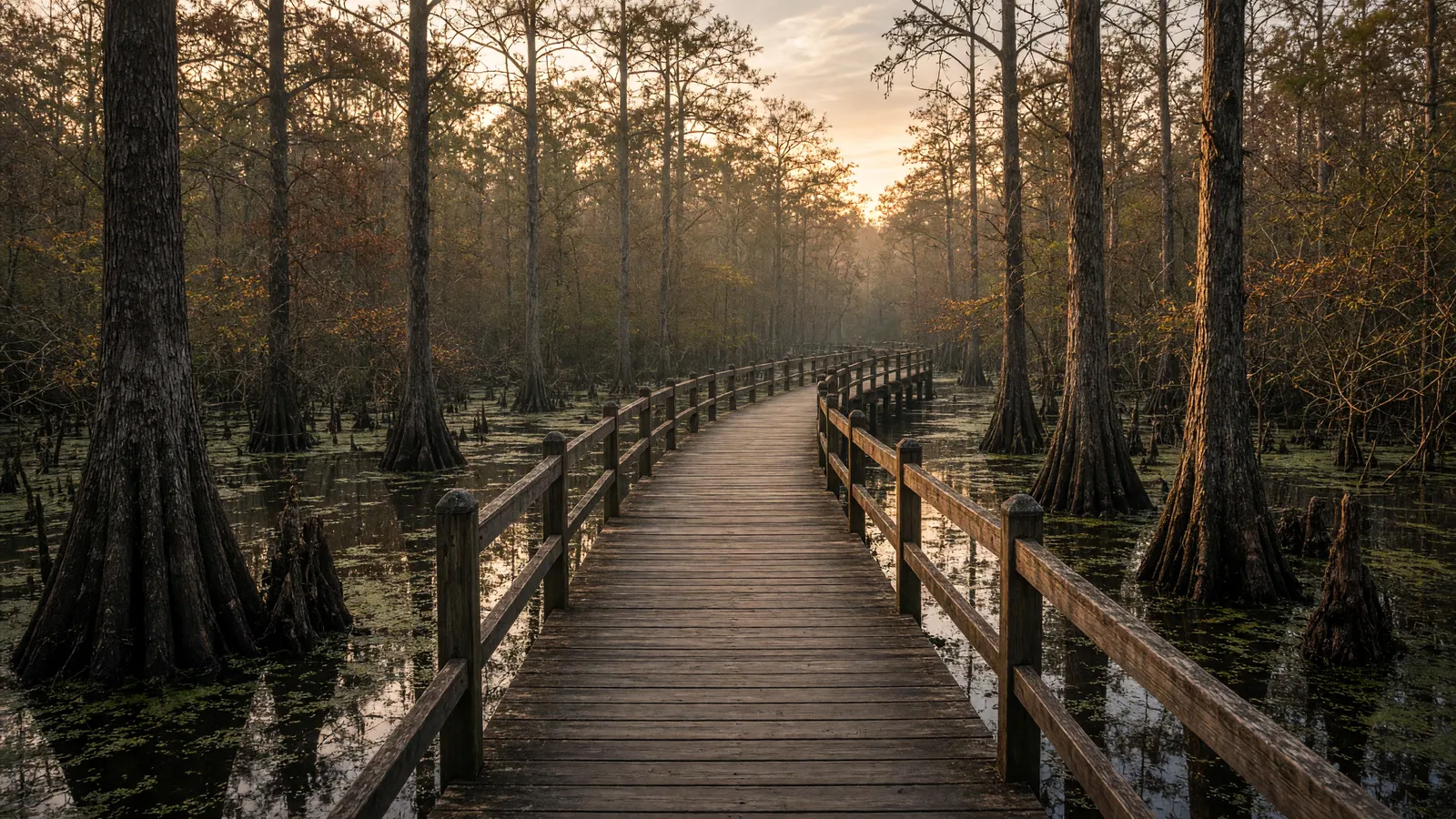 Empty Cache River National Wildlife Refuge boardwalk through cypress swamp, Woodruff County, Arkansas