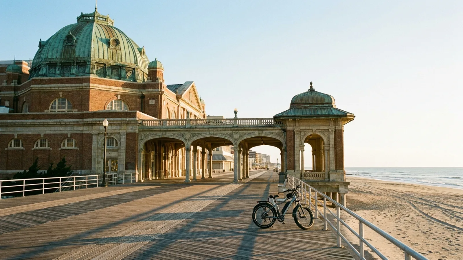 Electric bike on the Asbury Park boardwalk in front of the historic domed convention hall in New Jersey