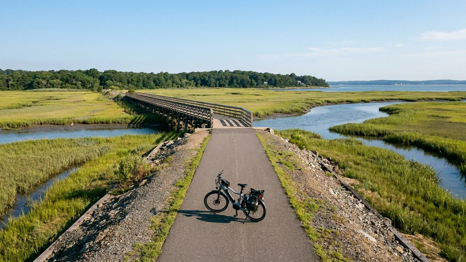 Electric bike on a paved rail-trail crossing wide coastal salt marsh with a low trestle boardwalk section in New Jersey