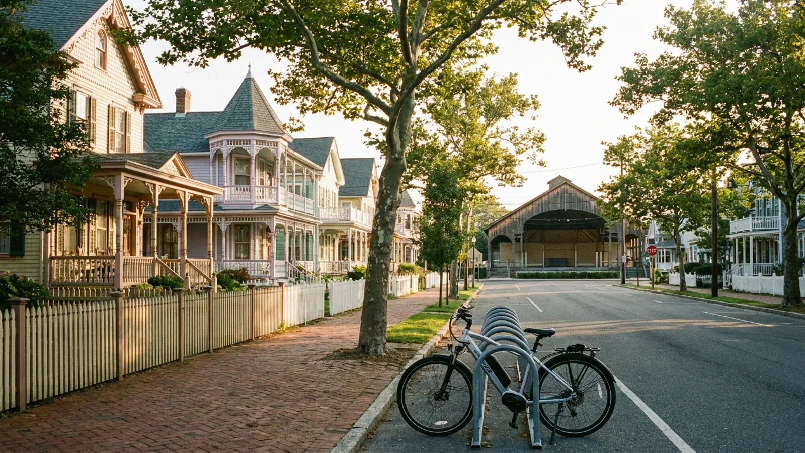 Electric bike at a rack on a Victorian seaside street of gingerbread cottages leading to a large wooden auditorium in New Jersey
