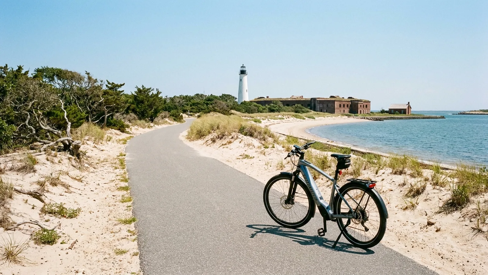 Electric bike on a paved multi-use path between dunes and maritime forest with a lighthouse and old fort buildings ahead
