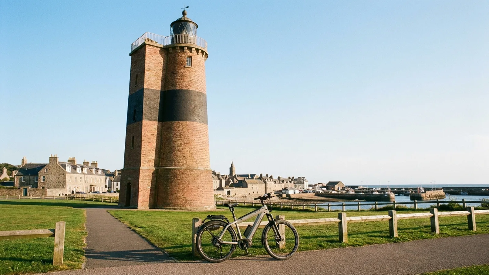 Electric bike on a paved path at the base of a tall historic brick lighthouse tower with a wide dark painted band, in a small seaside park