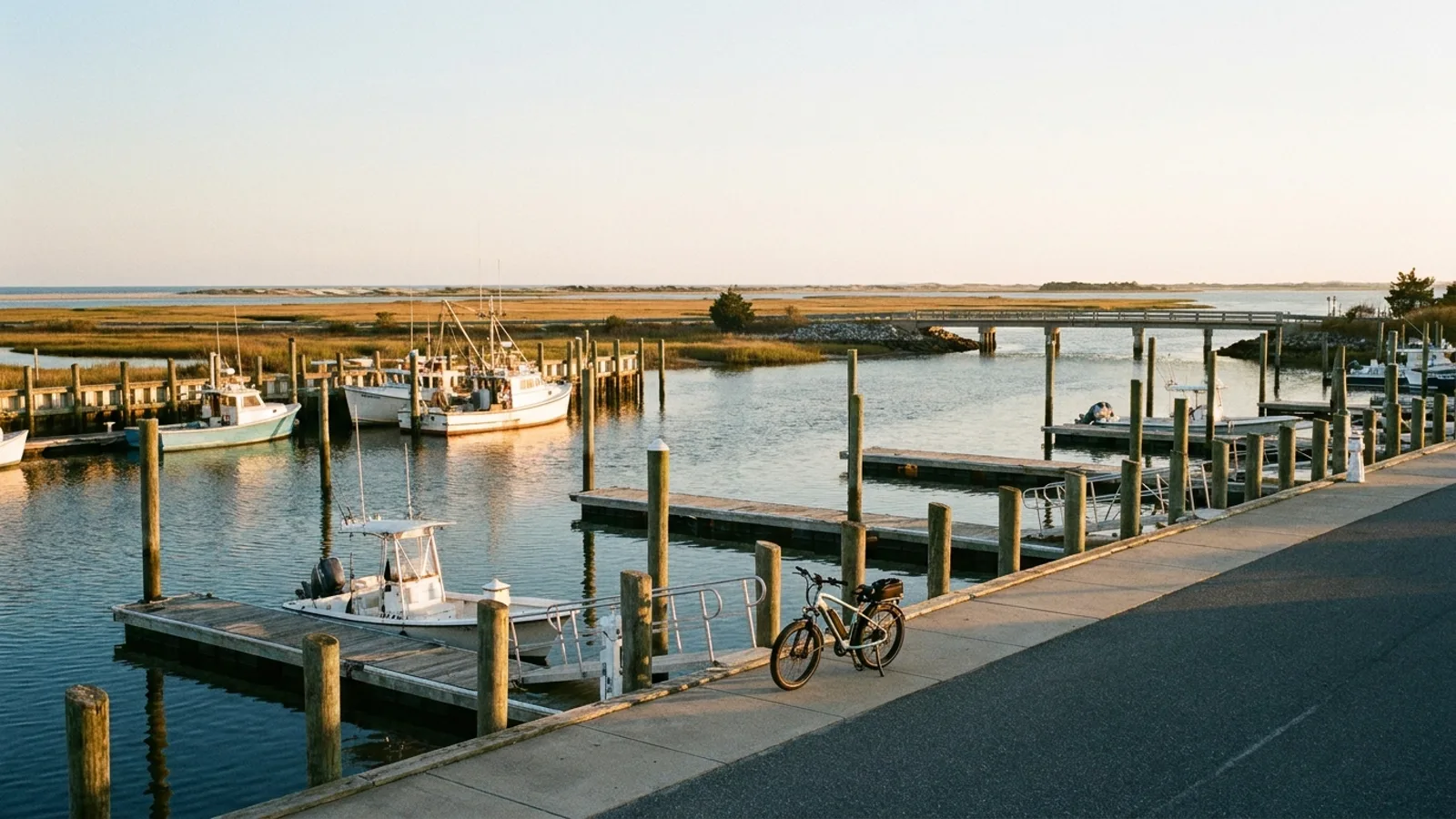 Electric bike on a paved bayfront path beside a small working marina with fishing boats at floating docks and a low bridge beyond