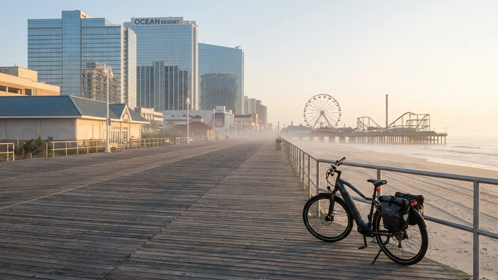 Electric bike on the wooden Atlantic City boardwalk at sunrise with casino towers and an amusement pier behind