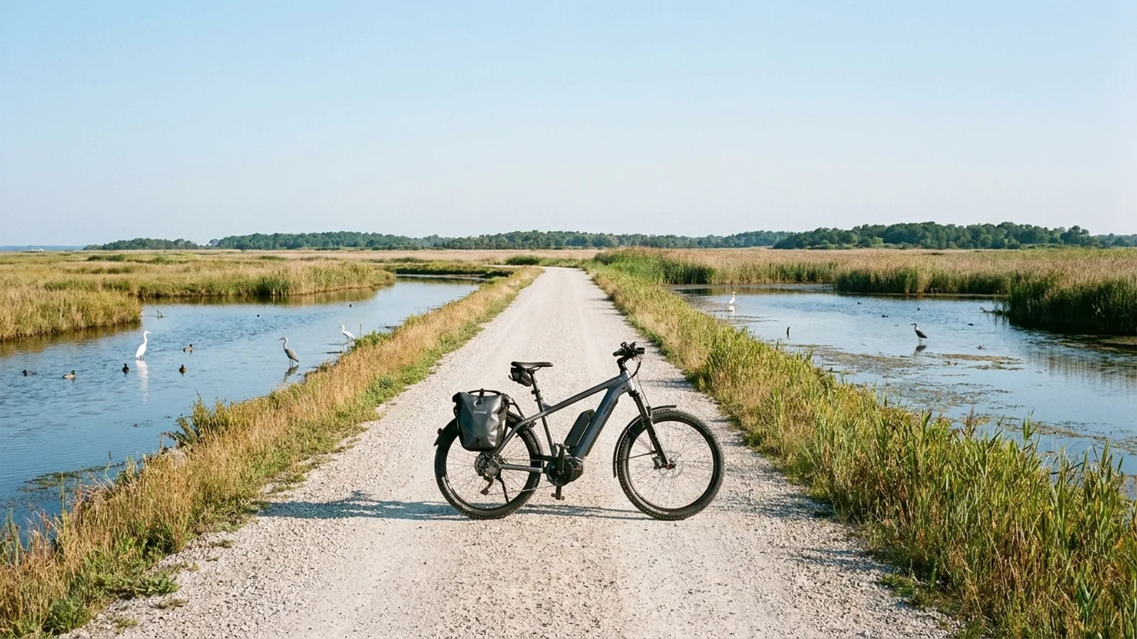 Electric bike on a flat gravel wildlife drive running along a dike across wide coastal salt marsh with shallow pools on both sides