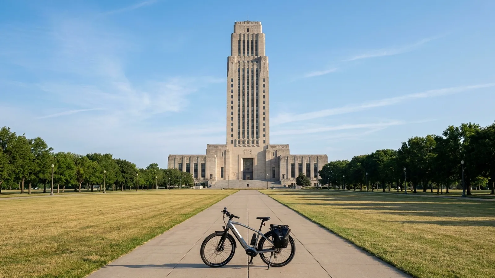 Electric bike on a walkway below a tall art deco limestone government tower rising alone above open prairie lawns