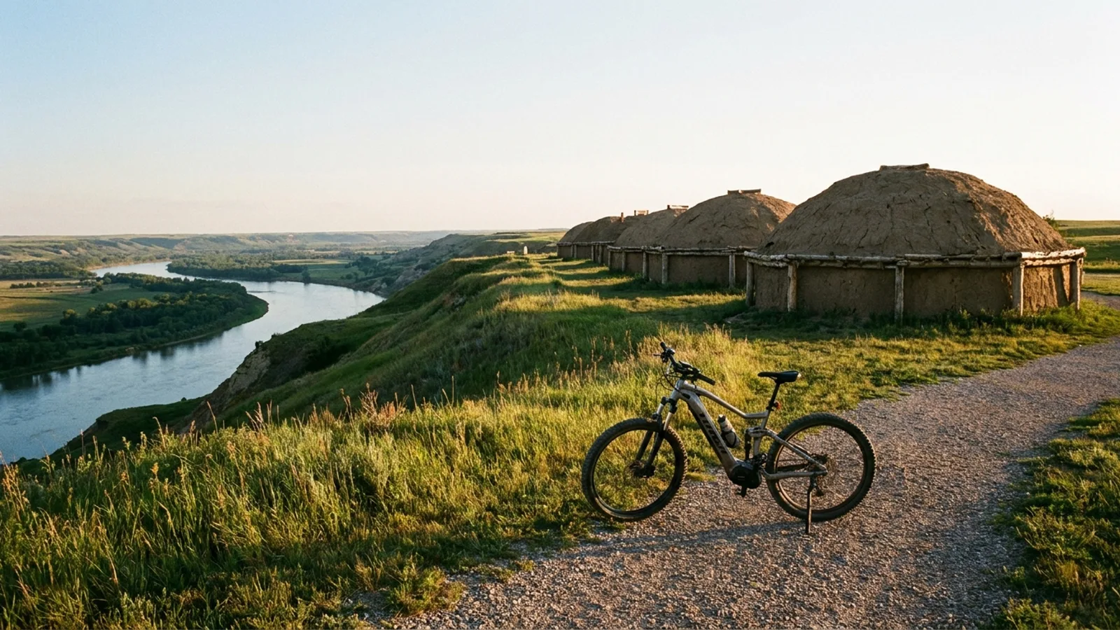 Electric bike on a gravel path beside reconstructed rounded earth lodge dwellings on a grassy bluff above a wide river valley