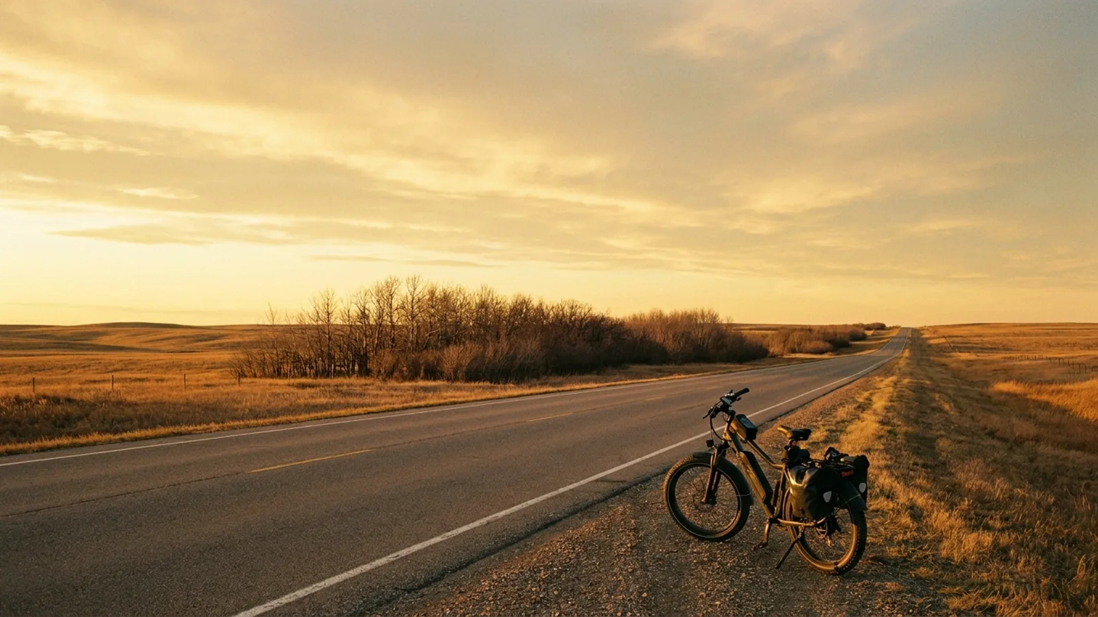 Electric bike at the roadside on open rolling northern plains grassland with a straight empty two-lane road running to the horizon