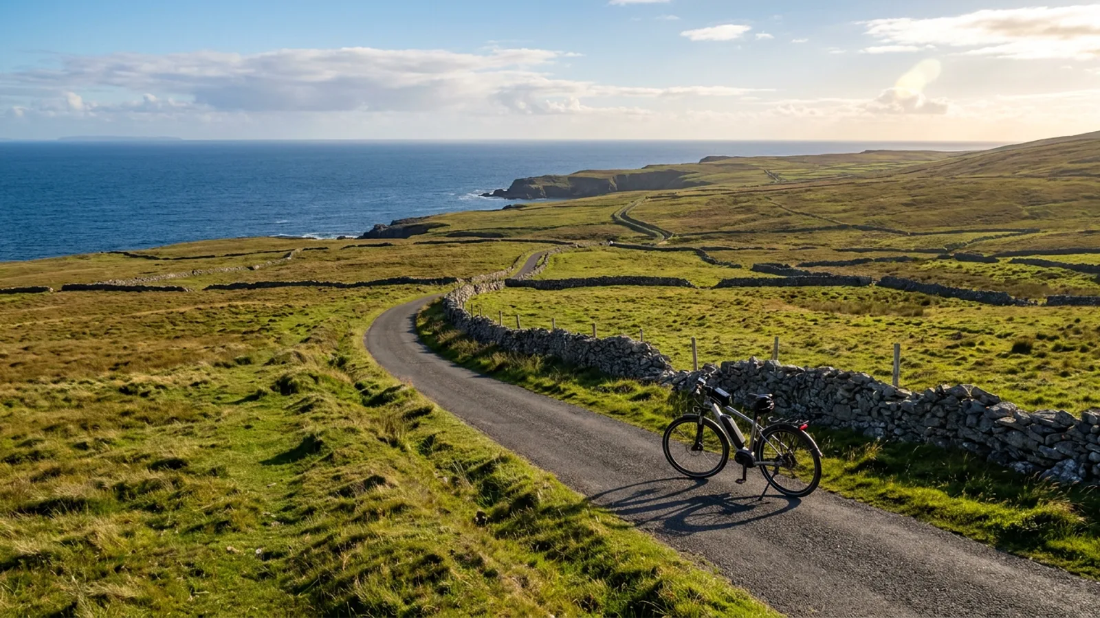 Electric bike on a narrow paved lane crossing rolling treeless island grassland divided by old stone walls running down to the sea