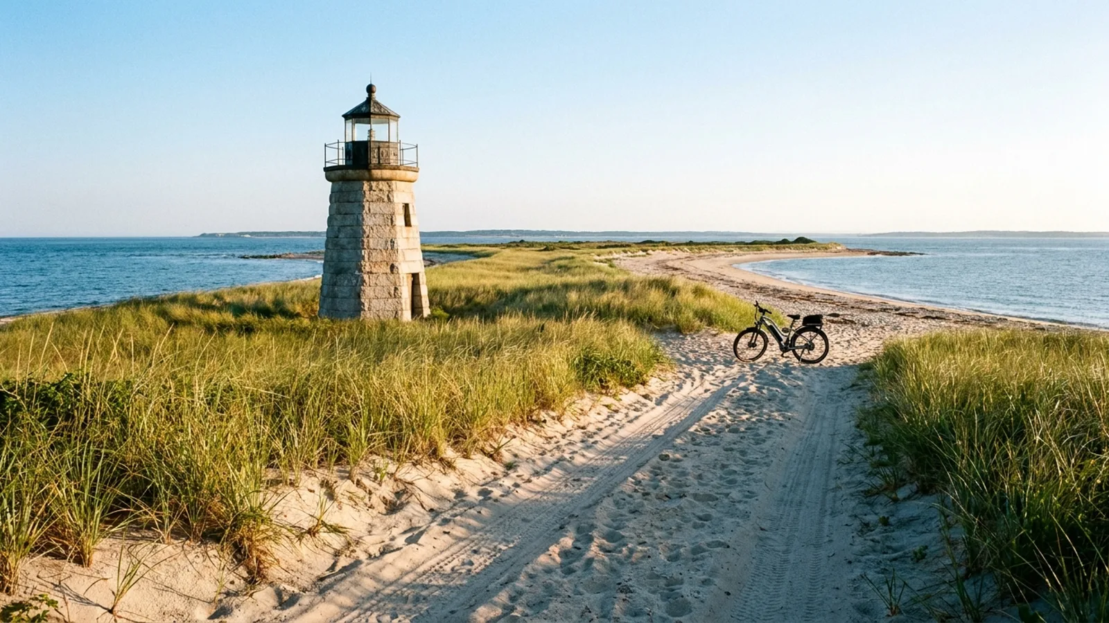 Electric bike at the end of a sandy track on a low sandy point with a granite lighthouse beach grass and dunes and water on both sides