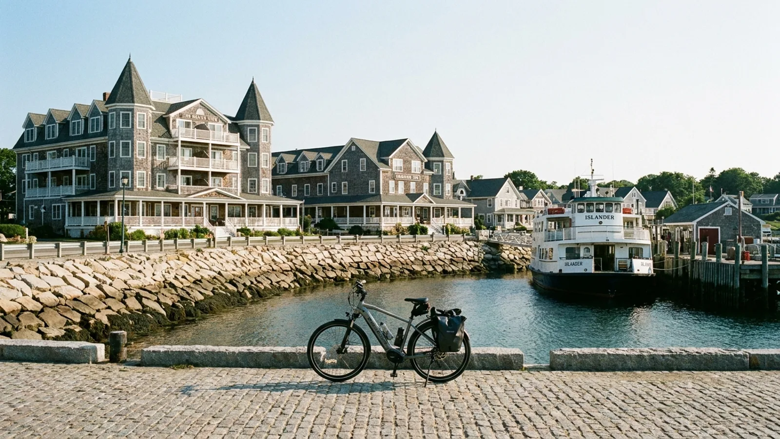 Electric bike on a harbour road at a small island ferry landing with tall Victorian shingled hotels along the waterfront