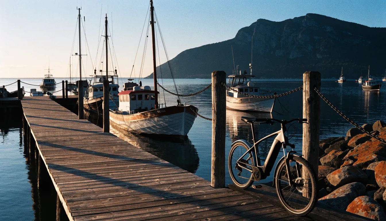 Class 1 e-bike on a Bar Harbor wooden pier with lobster boats and a forested mountain across the harbor