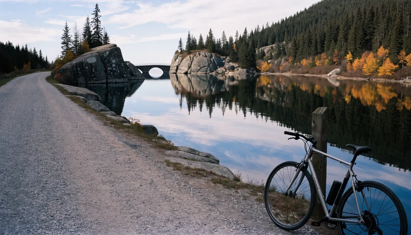 Crushed-stone carriage road beside a calm Acadia lake with autumn foliage, stone bridge, and a Class 1 e-bike