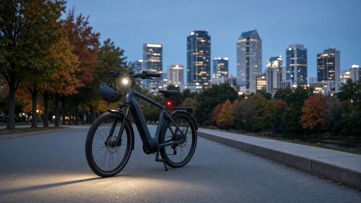 Commuter e-bike with its headlight on and a helmet on the handlebar, parked on a greenway at dusk with a city skyline behind it.