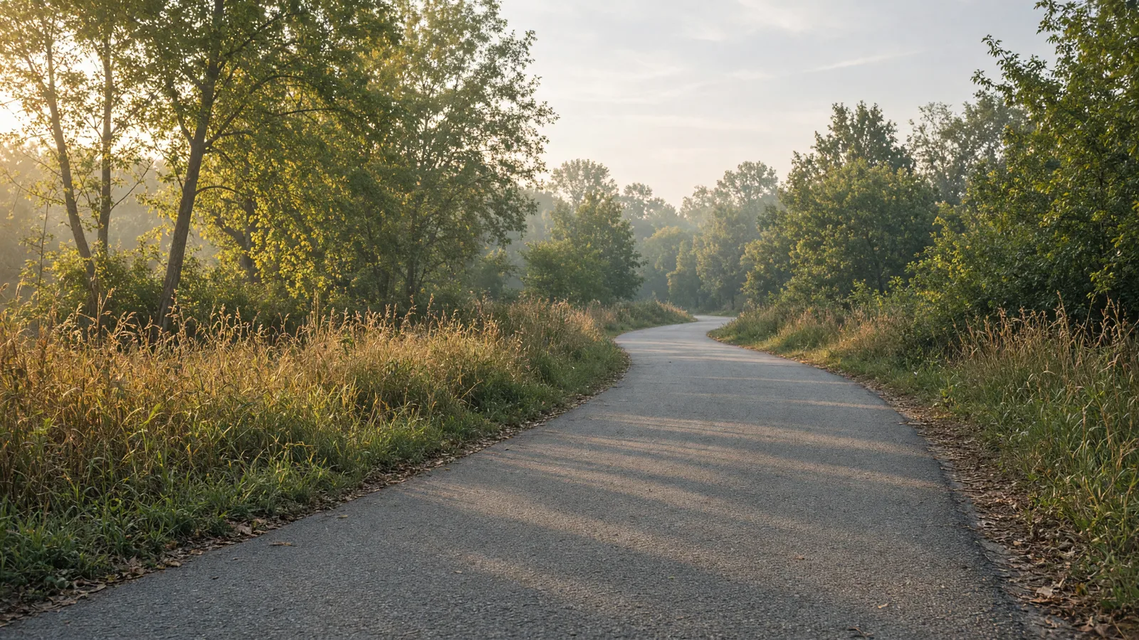 Empty paved multi-use path on a late-summer morning, no people or bikes