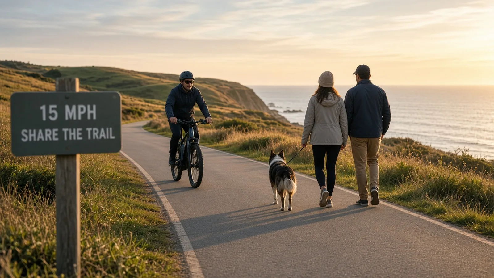 E-bike rider slowing for pedestrians on a shared coastal path with a 15 mph sign