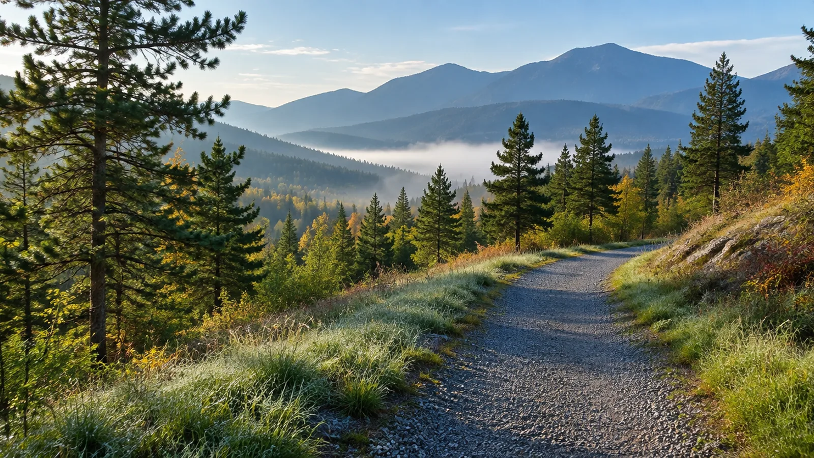 Empty gravel trail through pine foothills toward misty mountains at sunrise, no people or bikes