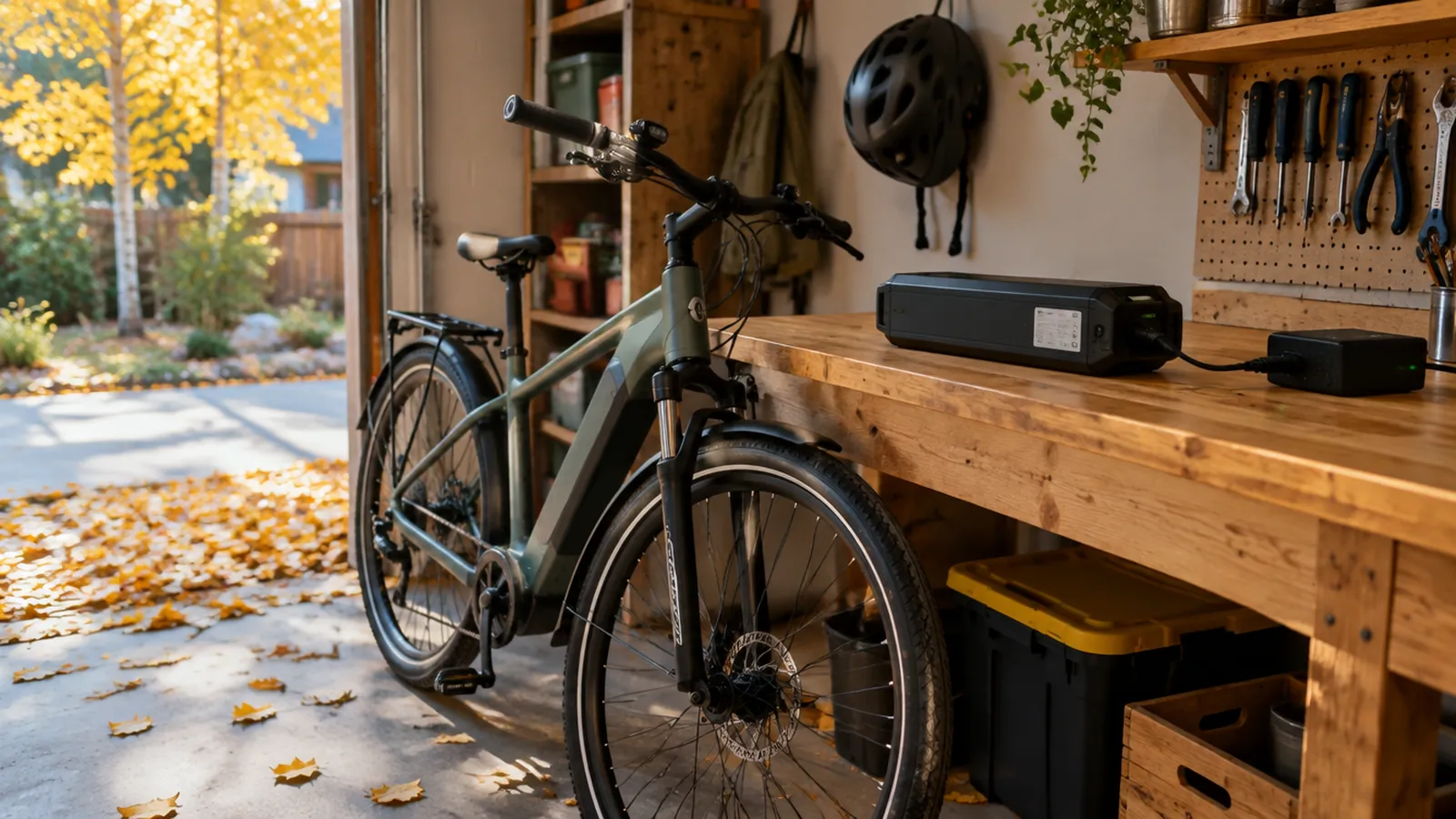 Commuter e-bike in a home garage with its removable battery charging on a workbench, autumn leaves by the open door