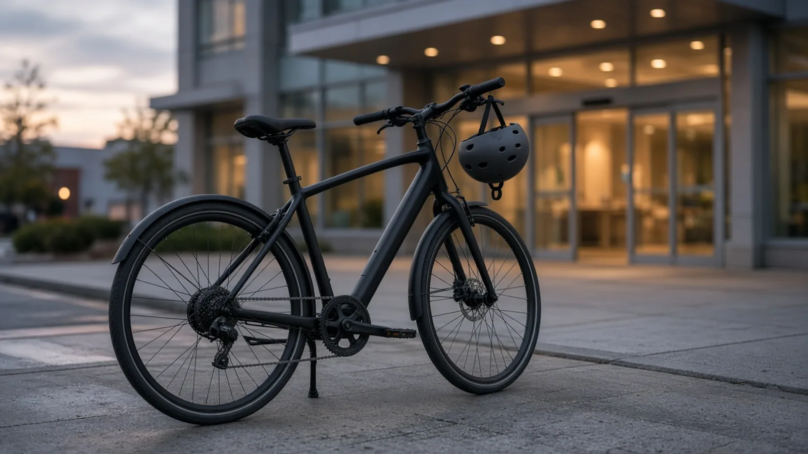 Helmet hanging from the handlebar of a pedal-assist e-bike parked outside a hospital-style building at dusk