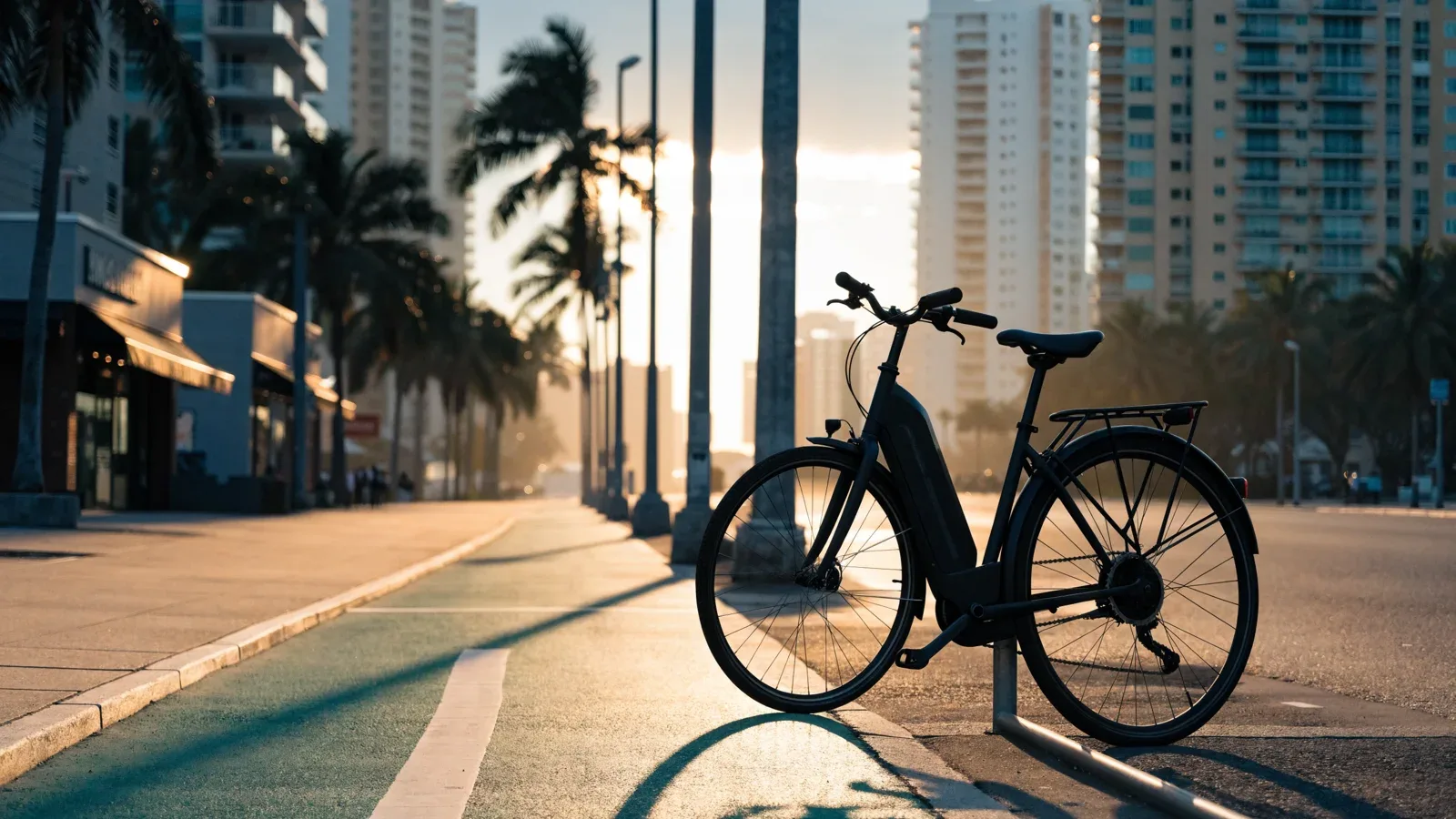 Pedal-assist e-bike parked at a bike rack beside a green-painted bike lane on a palm-lined Miami street at sunrise