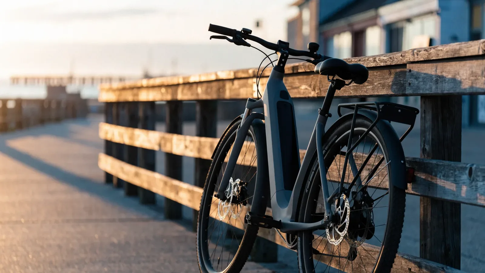 Pedal-assist commuter e-bike with a rear rack leaning on a wooden boardwalk railing at sunrise