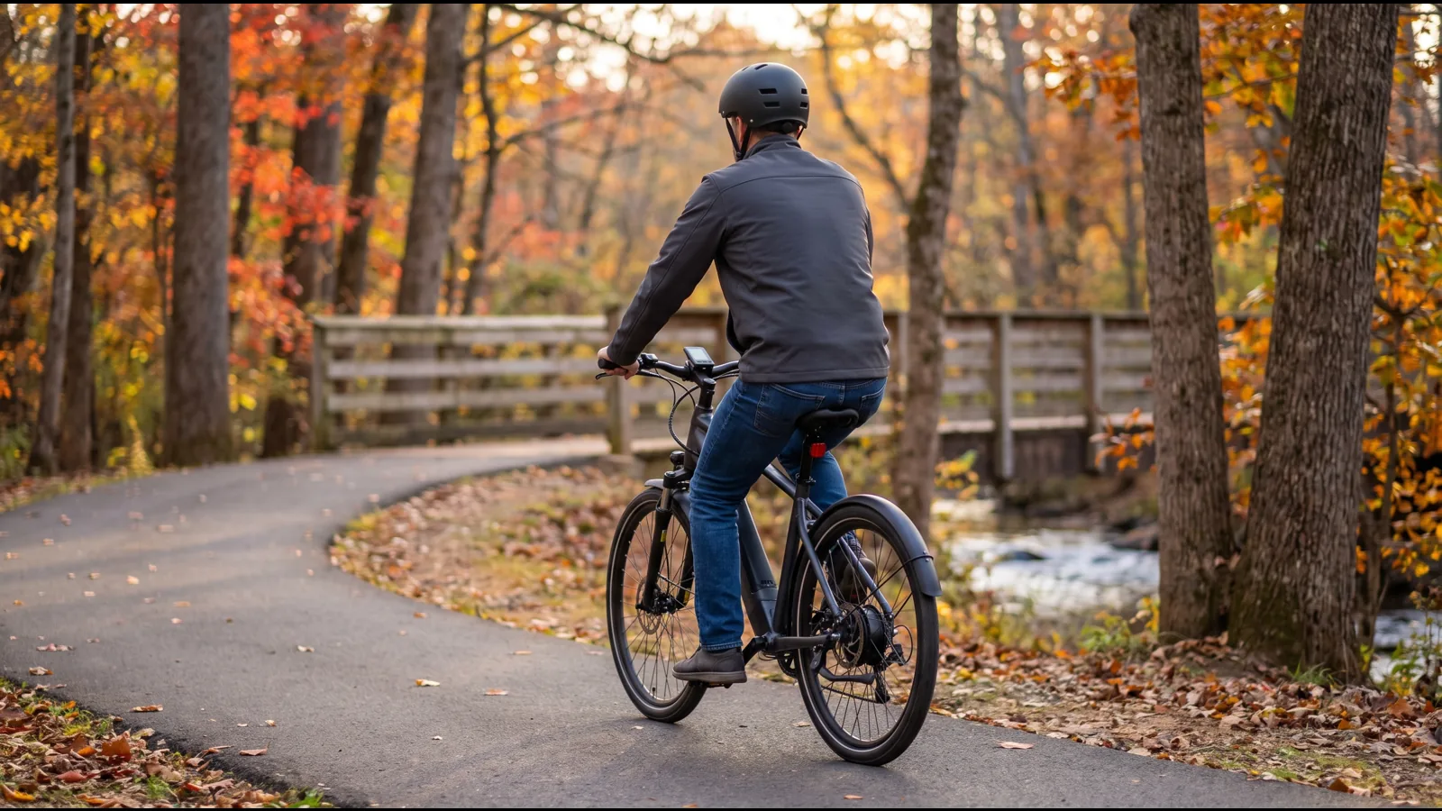 E-bike rider wearing a helmet on a paved greenway in North Carolina in autumn.