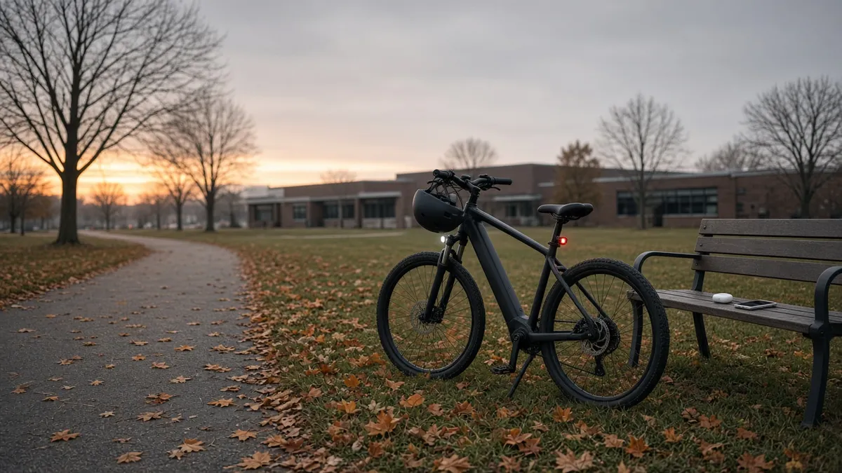 E-bike with a helmet on the handlebar parked by a suburban path, with earbuds and a phone set aside on a bench.