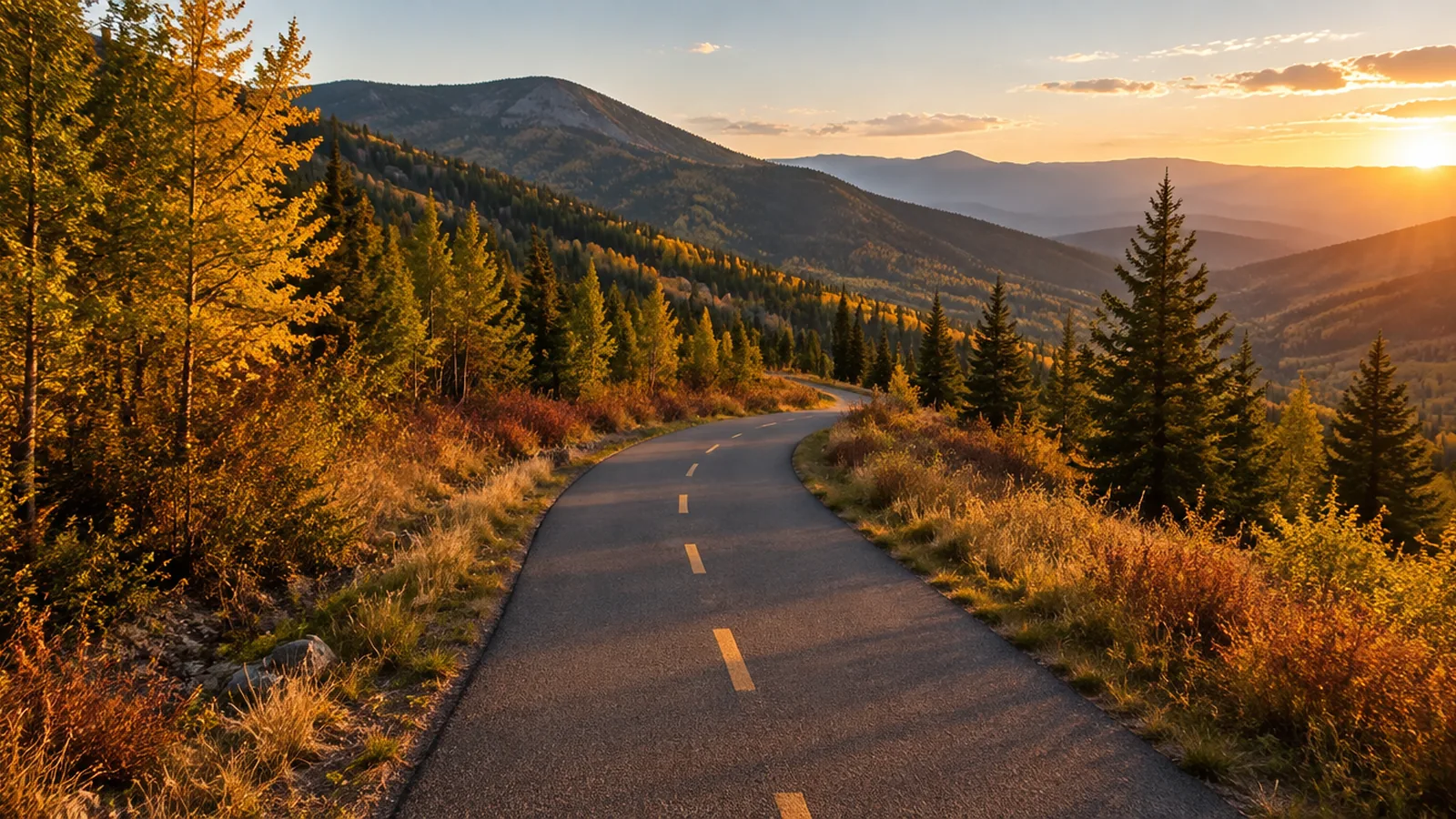 Empty paved trail through autumn mountains at golden hour, no people or bikes