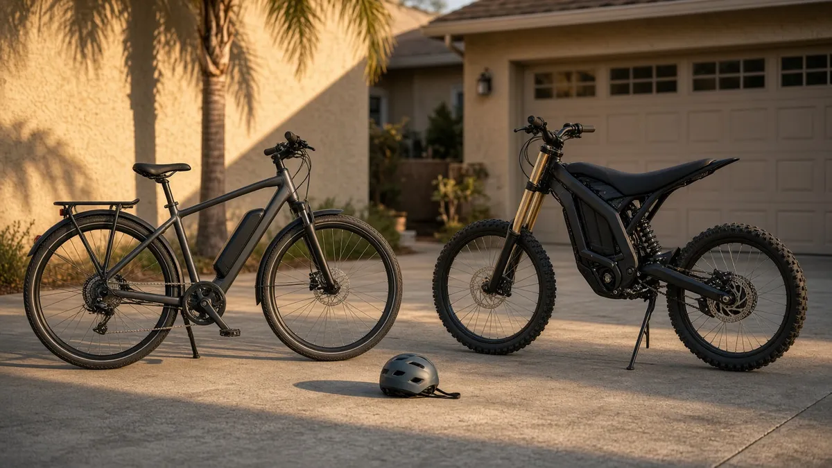 A pedal e-bike parked next to a pedal-less electric dirt bike in a Southern California driveway, showing the difference between an e-bike and an e-moto