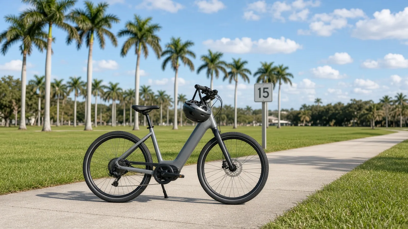 E-bike parked on a palm-lined Florida bike path next to a blank 15 mph speed sign.