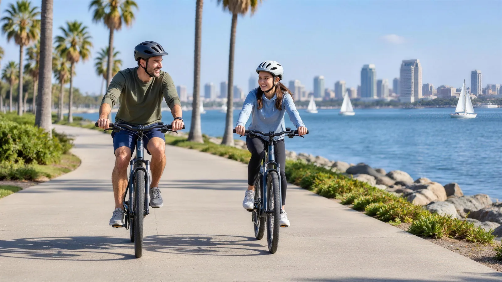 A parent and teen in helmets riding pedal-assist e-bikes on a San Diego bayside path