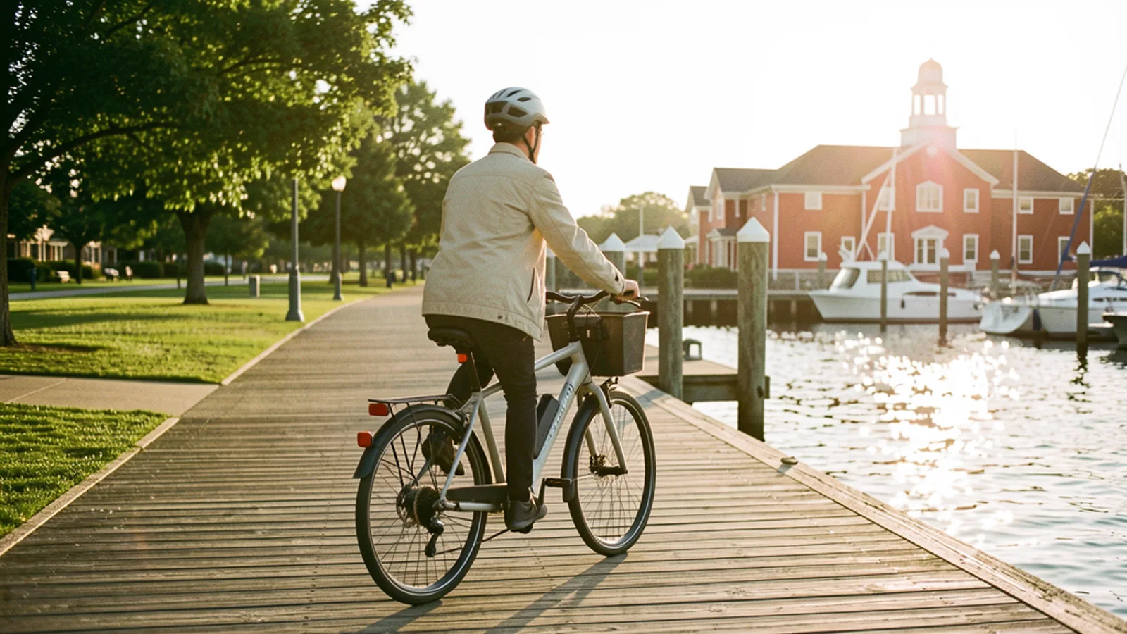 eBike rider at Colt State Park coastal scenery in Bristol Rhode Island
