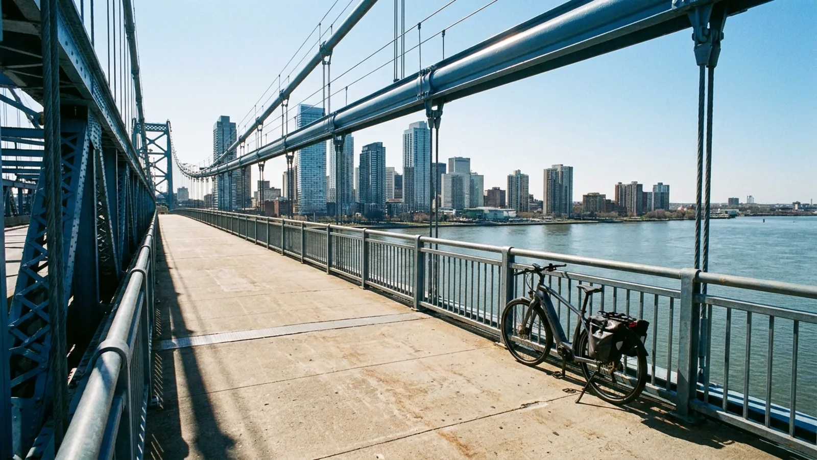 Electric bike standing on the narrow walkway of a large steel suspension bridge with blue painted girders, looking across a wide river toward a city skyline