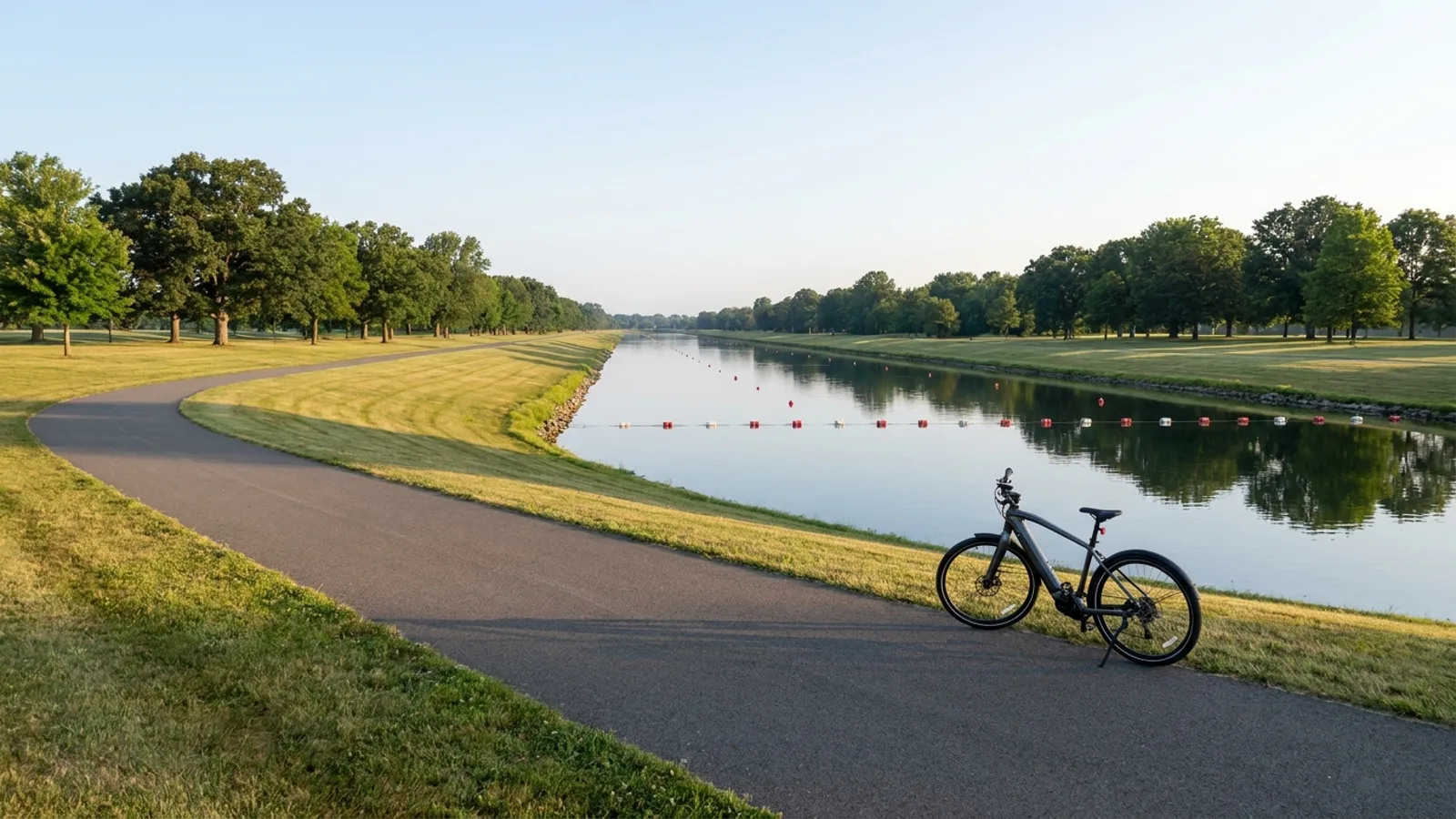 Electric bike on a paved loop path beside a straight river rowing course in a suburban park in New Jersey