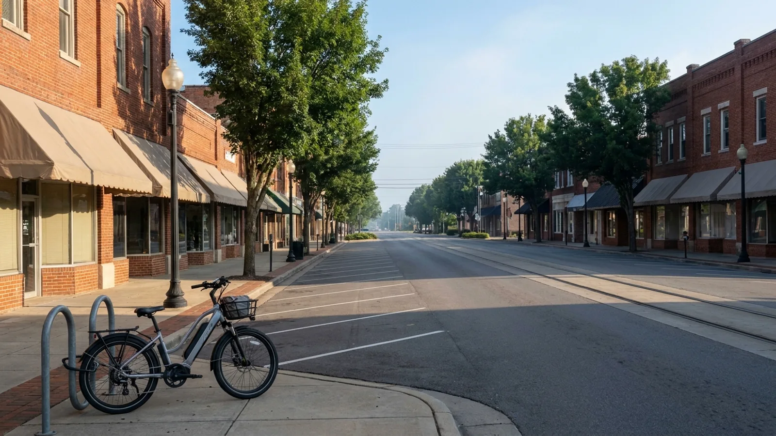 Electric bike at a rack on the sidewalk of a walkable small-town main street with low brick and awninged storefronts, street trees and light rail tracks beyond