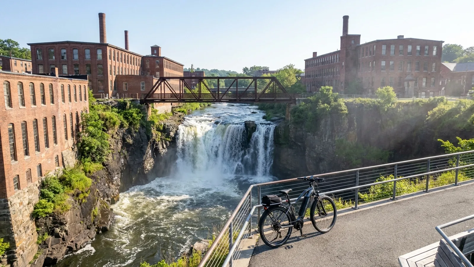 Electric bike at a paved overlook above a powerful waterfall in a rocky gorge with old brick mill buildings in New Jersey