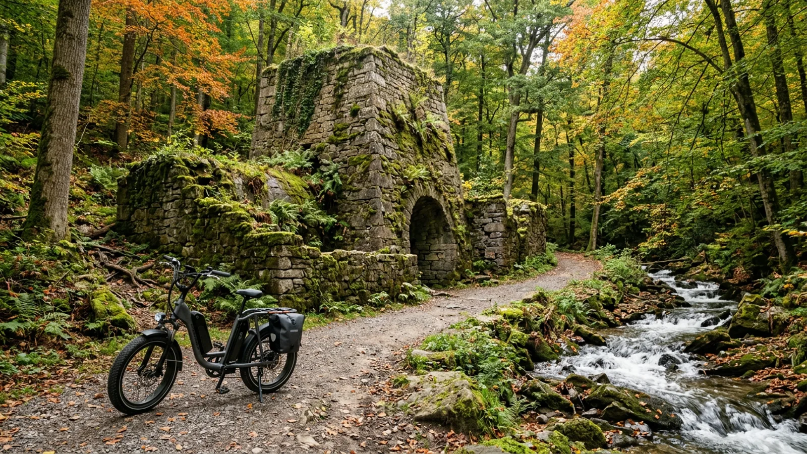 Electric bike on a gravel park path beside the mossy stone ruins of a nineteenth-century iron furnace in mature woodland with a stream