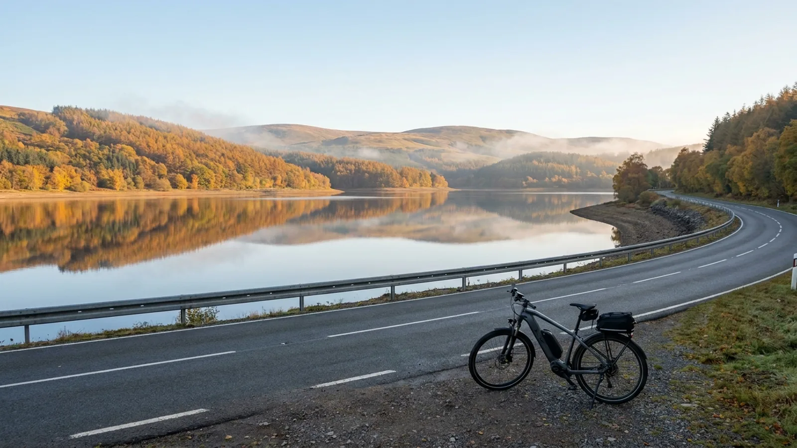 Electric bike at the roadside on a quiet paved road running along the shoreline of a large forested reservoir in rolling highlands