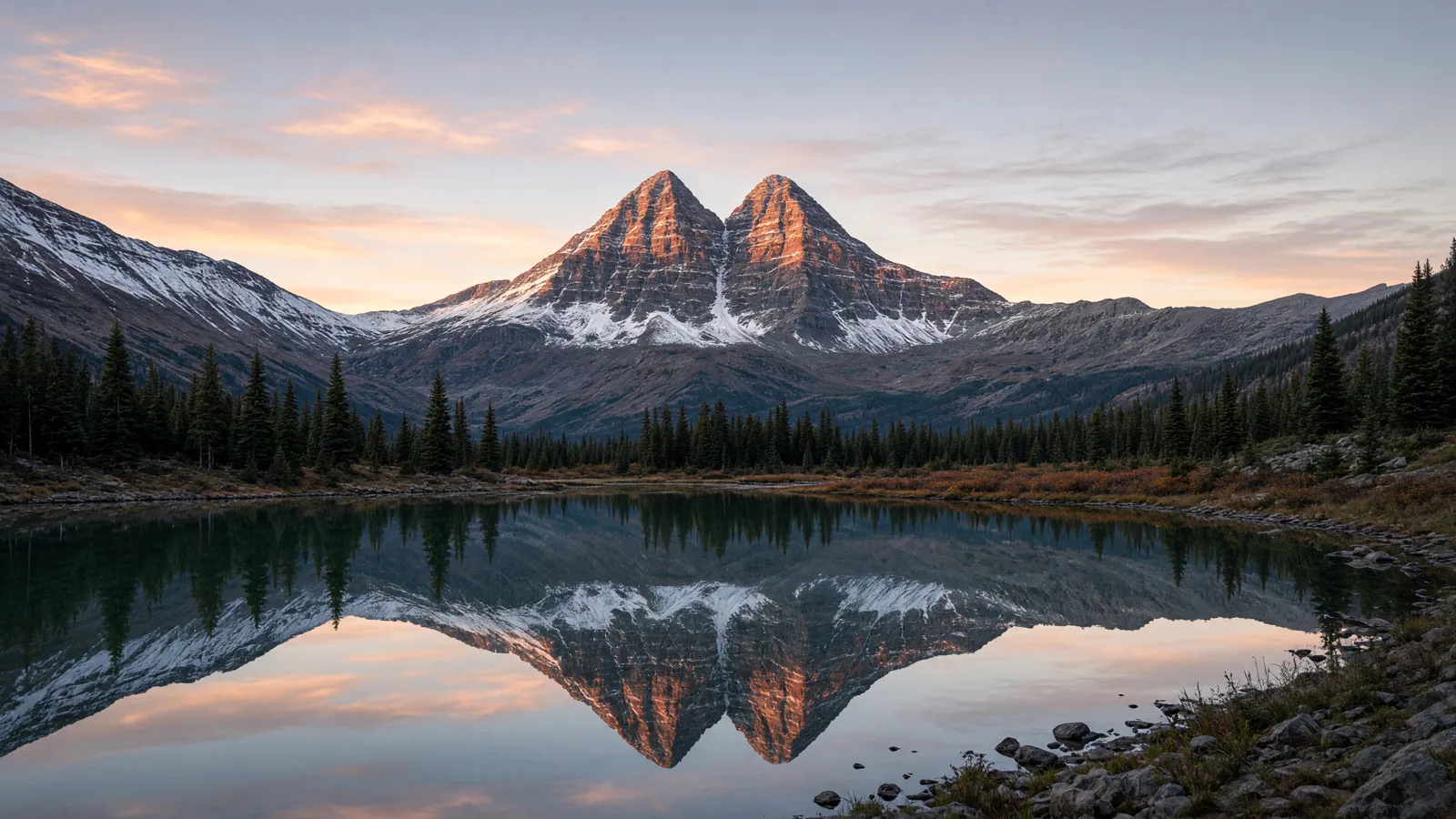 Maroon Bells alpine peaks and lake at dawn, Colorado