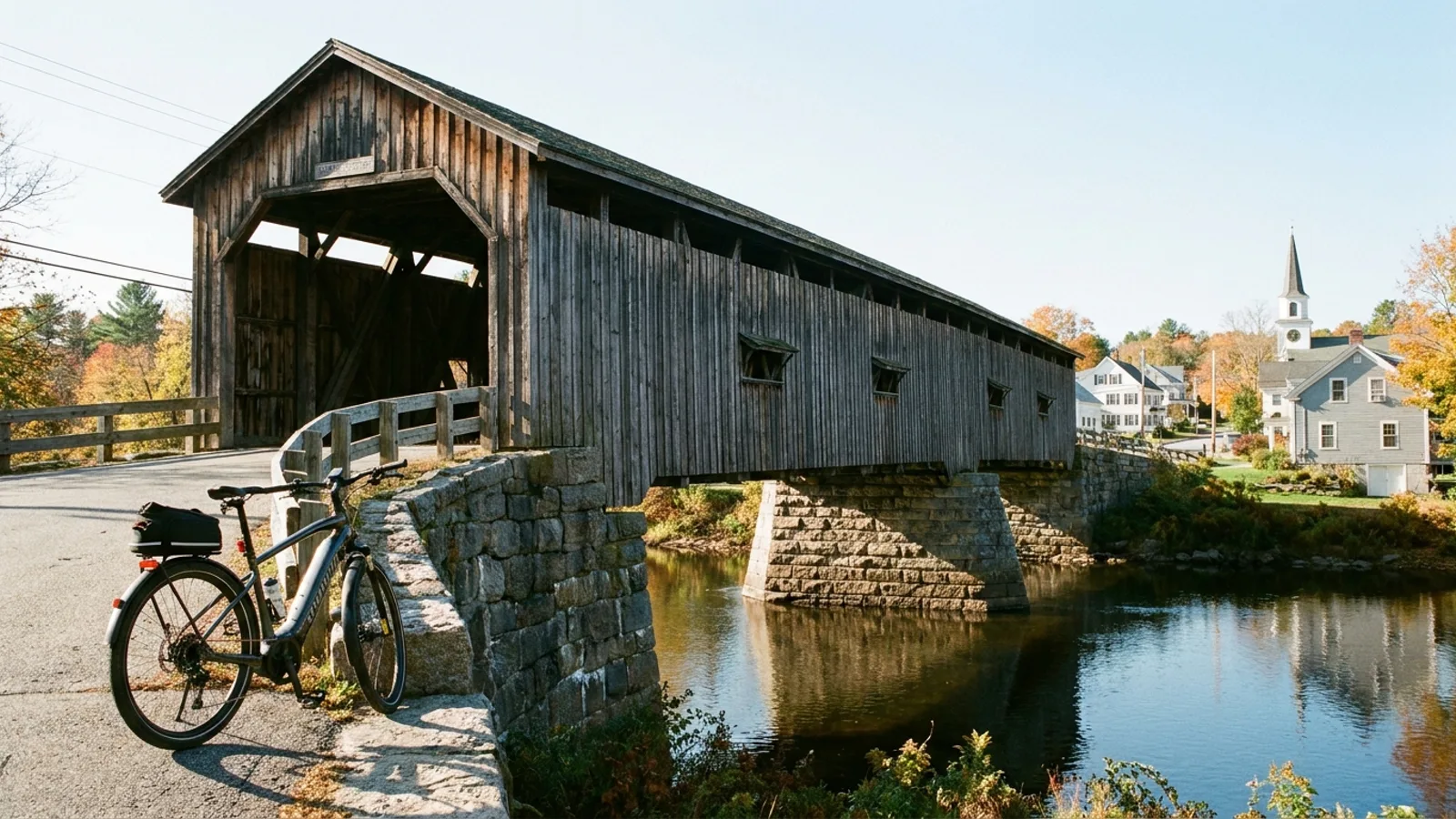 Electric bike at the approach to an old wooden covered railroad bridge with a broad low profile crossing a calm river beside a small New England village