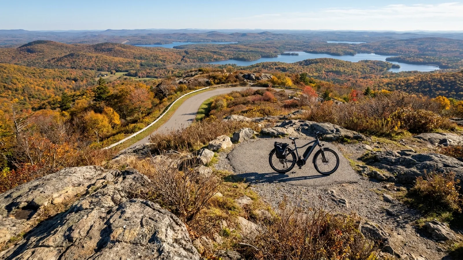 Electric bike at a road end below a low rocky mountain summit with long views over rolling forested hills and several distant lakes