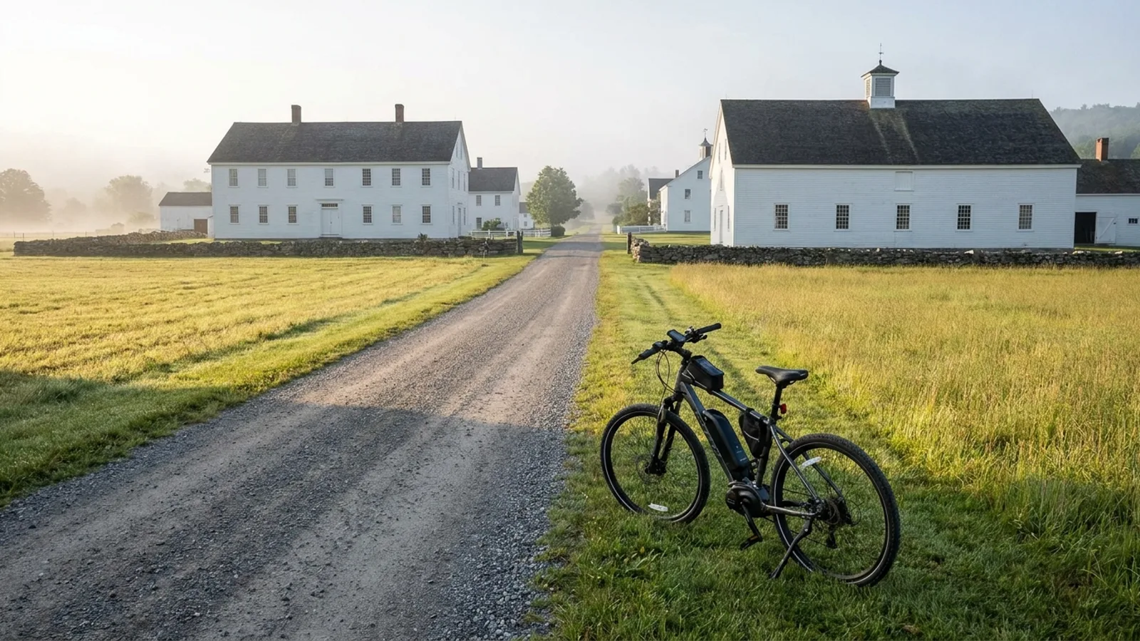 Electric bike on a quiet country lane in a preserved Shaker village of large plain white clapboard buildings with stone walls and open hayfields