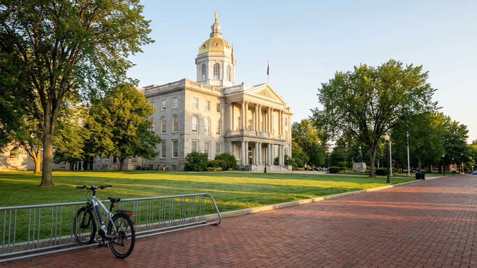 Electric bike on a brick plaza in front of a granite state capitol building with a gold dome in Concord New Hampshire