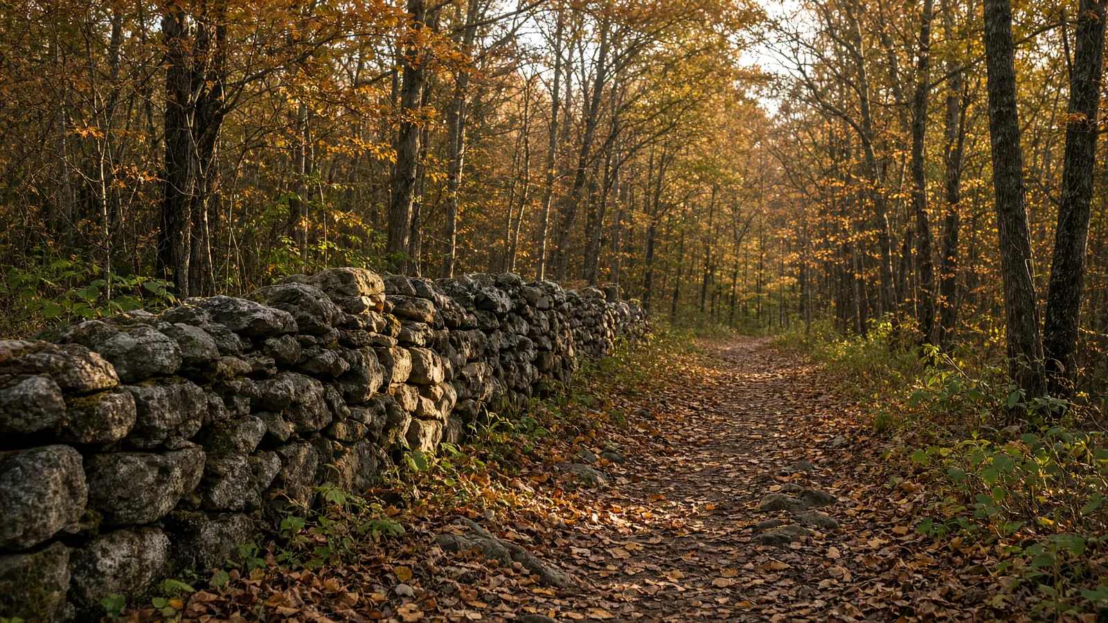 Hardwood forest trail and stone wall in Connecticut Litchfield Hills
