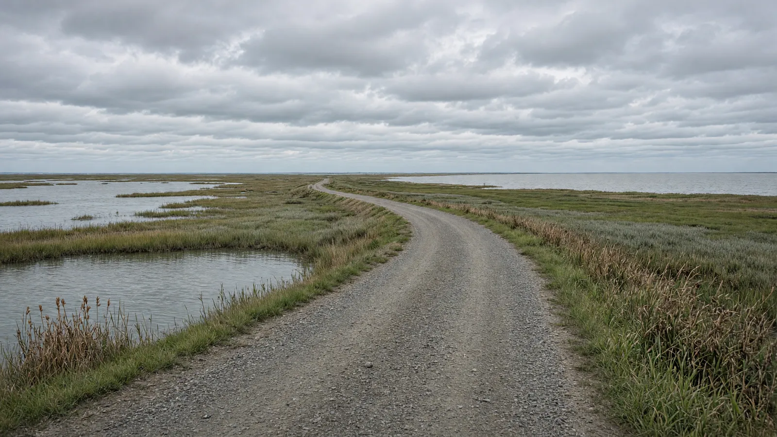 Empty packed-gravel wildlife-drive dike through tidal salt marsh at Bombay Hook, Kent County, Delaware