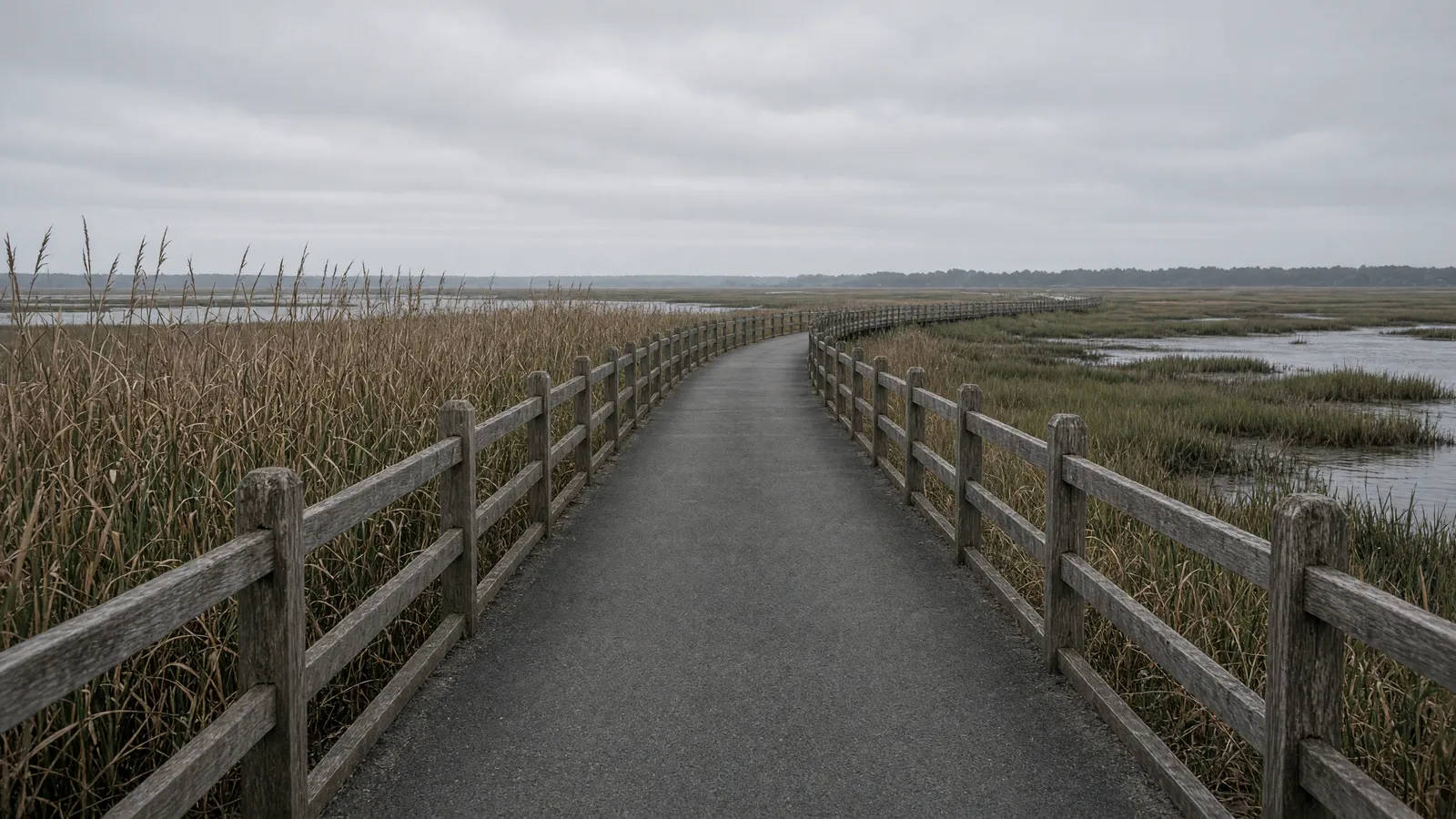 Empty paved Jack A. Markell Trail boardwalk across tidal marsh near Wilmington, Delaware