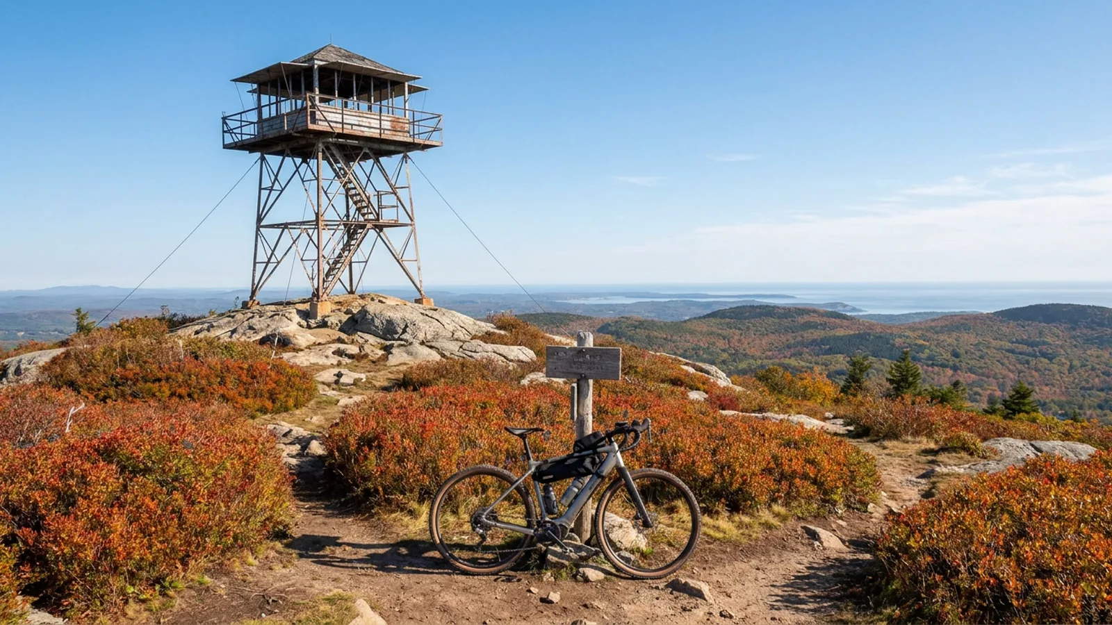 Electric bike at a trail junction below a small bare rocky summit with a steel fire lookout tower and long views over forested hills